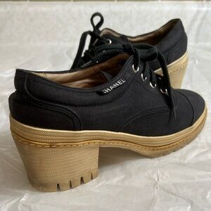 CHANEL Vintage Navy Canvas Lace-Up Heels